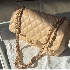 Authentic CHANEL Lambskin Quilted Shoulder Bag JUMBO, GUC